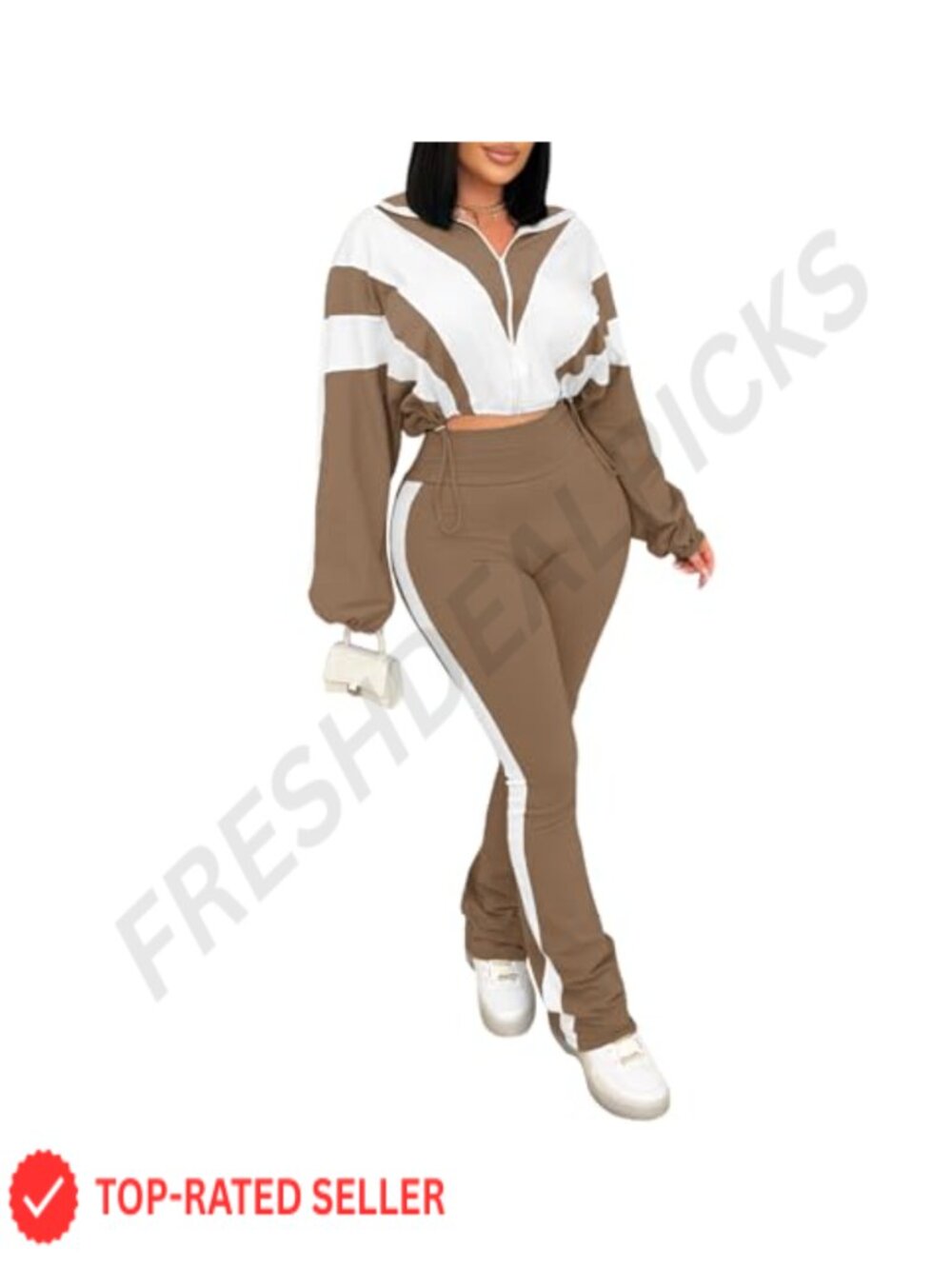 Women 2 Piece Outfit Zip Crop Jacket Bodycon Flare Pants Set Polyester